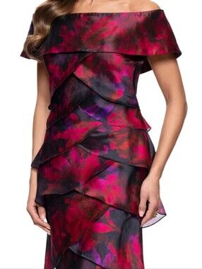 Xscape One-Shoulder Tiered Floral Evening Gown in Magenta and Black